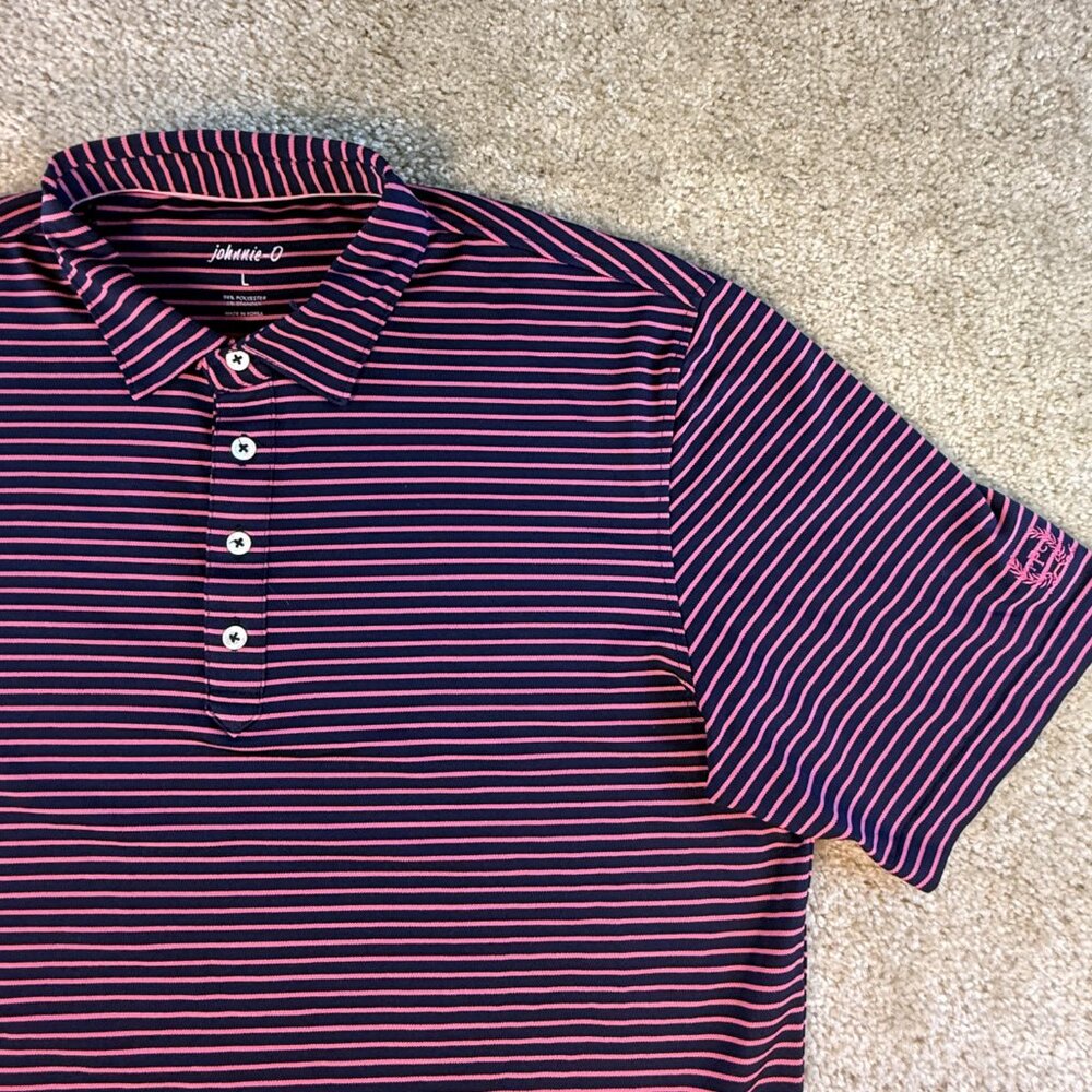 Johnnie O Men's Performance Polo Large Pink Blue Striped Stretch Golf F711